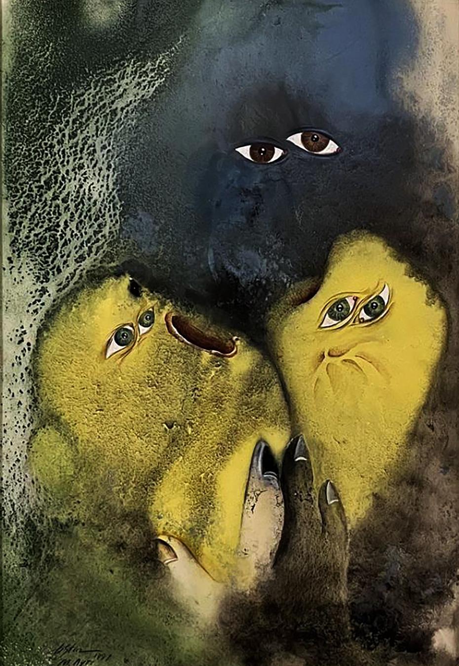 Abstract yellow and blue faces by Dmytro Startsev, textured watercolor