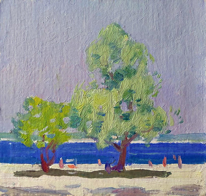 Oil painting Sea shore by Yury Konovalov: green trees on sandy shore
