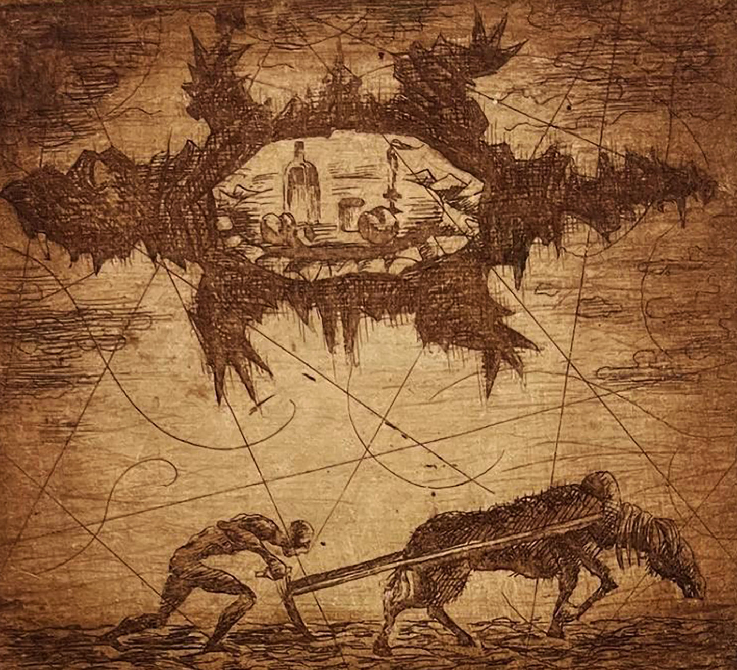 Sepia etching by Oleksandr Zhmailo: man and ox plowing barren ground