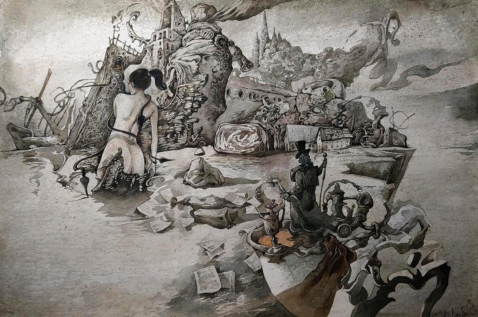 Surreal monochromatic watercolor Music’s Caprice by Yuriy Laptev