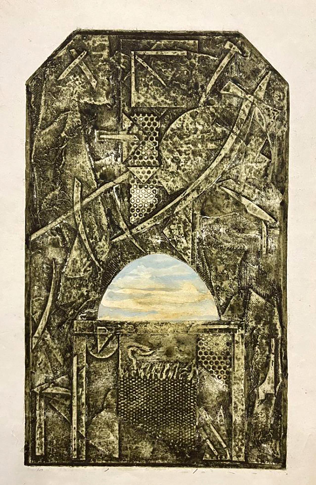Etching painting East Oleksandr Zhmailo: textured geometric relief with arched sky
