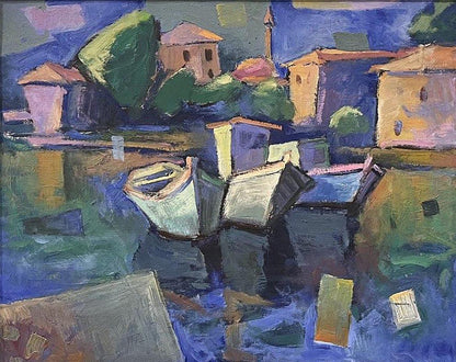 Vibrant impressionist oil painting of harbor boats by Oleksandr Andreev