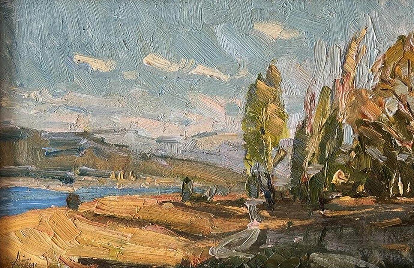 Oil painting Autumn days by Oleksandr Andreev: impressionistic riverbank