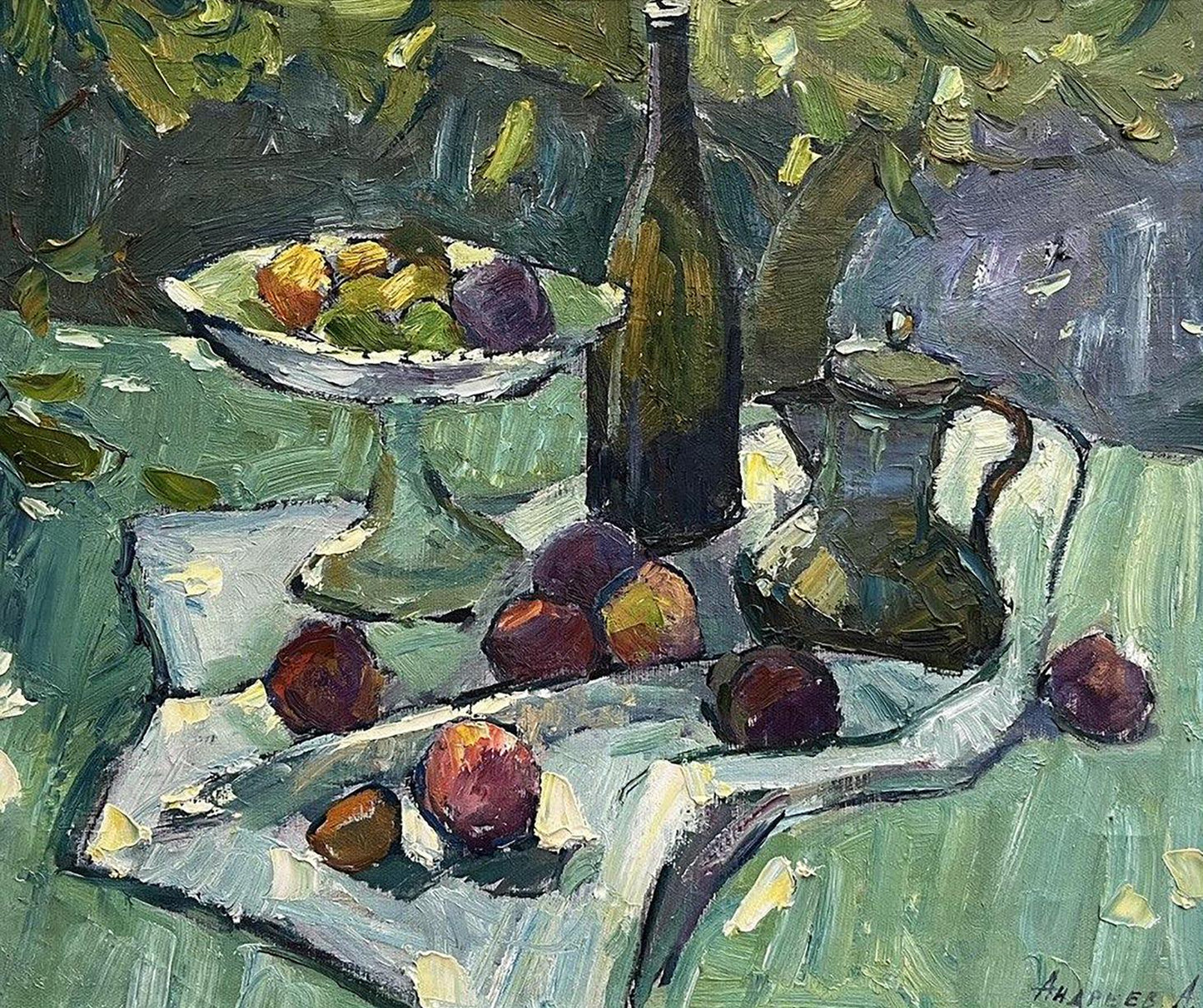 Oil painting still life with fruits, dishes, wine bottle, teapot by Oleksandr Andreev