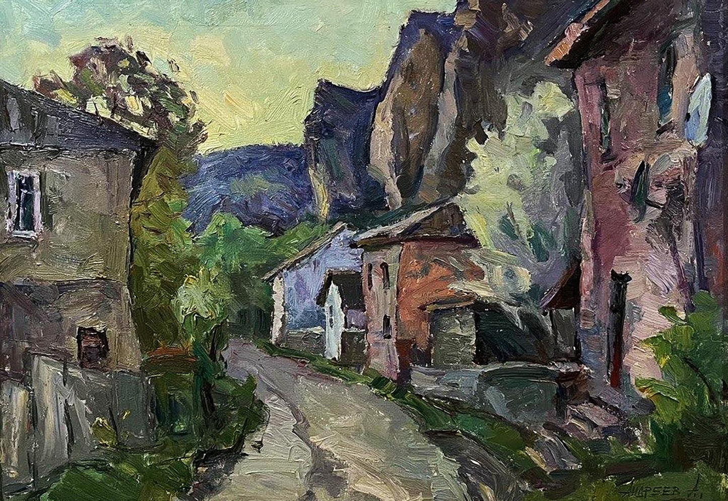Oil painting The house by the rock by Oleksandr Andreev village street view