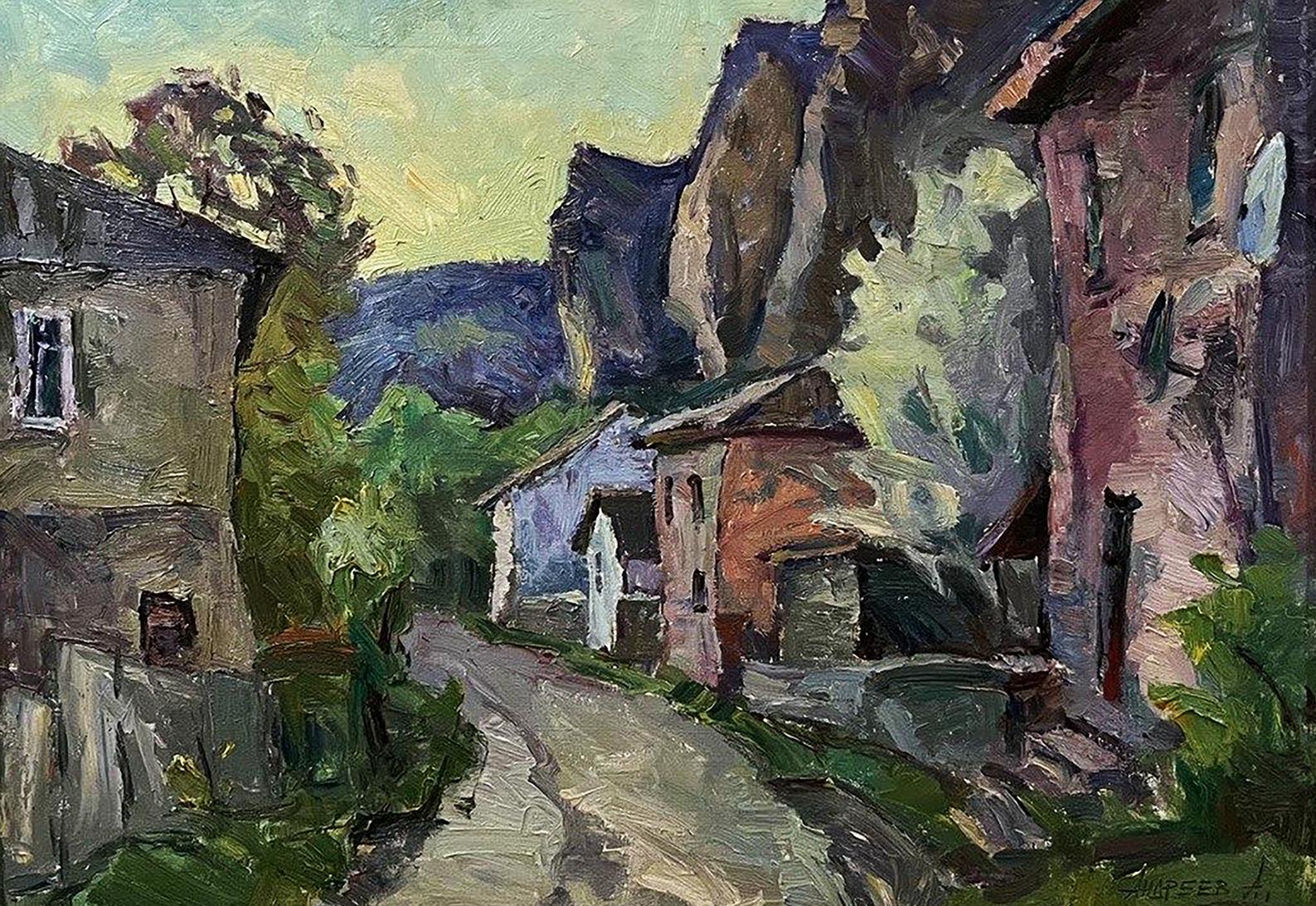 Oil painting The house by the rock by Oleksandr Andreev village street view