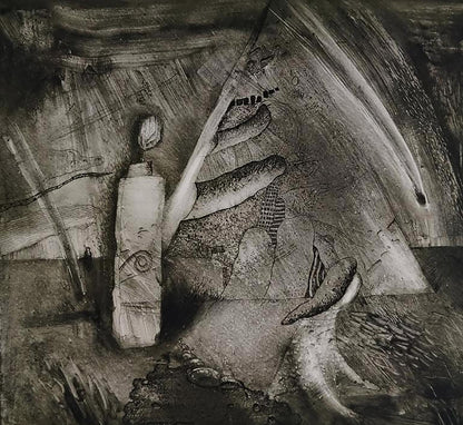 Monochromatic etching painting by unknown artist Canon, tall textured rectangle with spirals