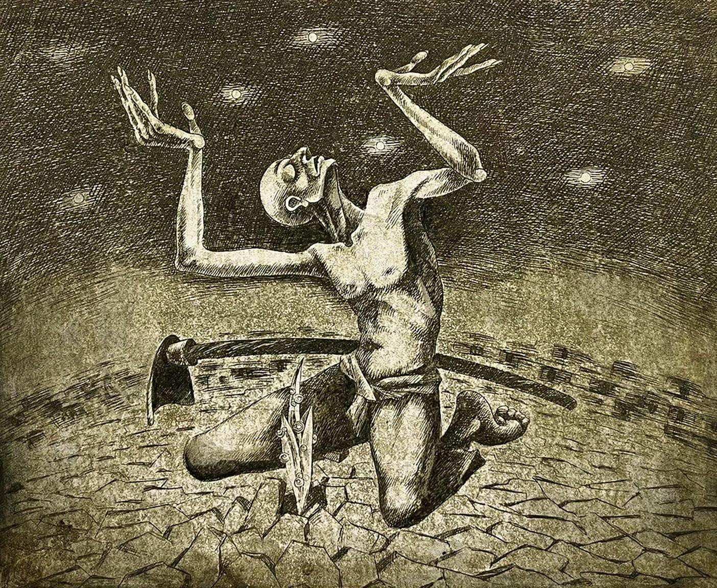 Haunting black-and-white etching Supplication by Oleksandr Zhmailo