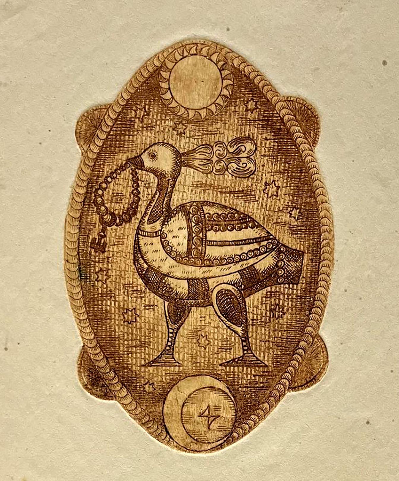 Intricate oval medallion with stylized bird, Oleksandr Zhmailo printmaking art