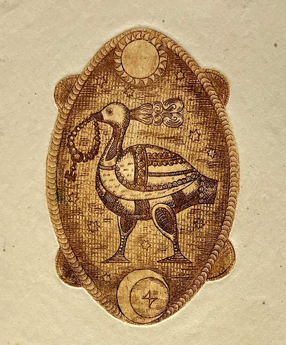 Intricate oval medallion with stylized bird, Oleksandr Zhmailo printmaking art