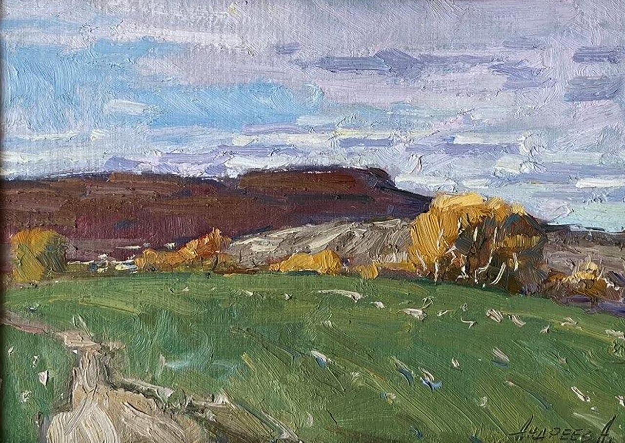 Impressionistic oil painting by Oleksandr Andreev of green field