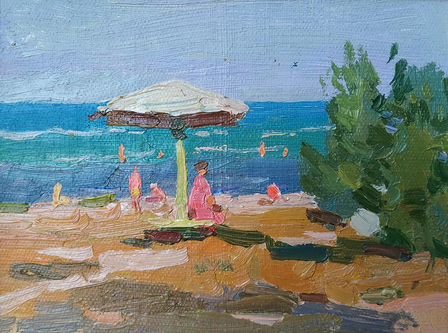 Oil painting of white beach umbrella on sandy shore by Yury Konovalov