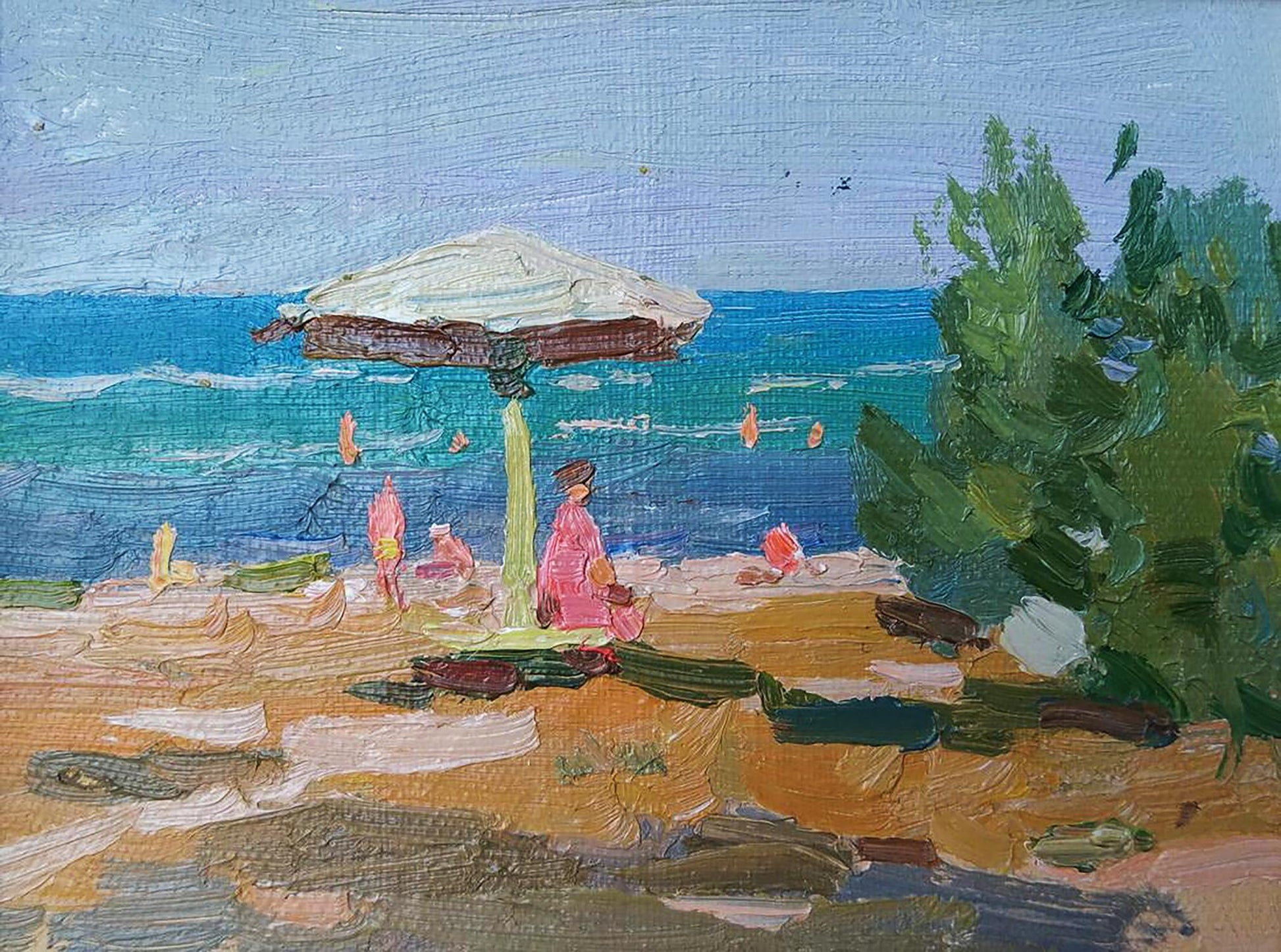 Oil painting of white beach umbrella on sandy shore by Yury Konovalov