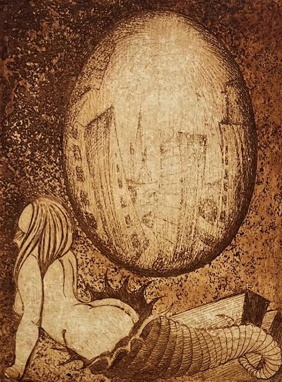 Sepia etching Morning by Oleksandr Zhmailo: nude back with egg cityscape