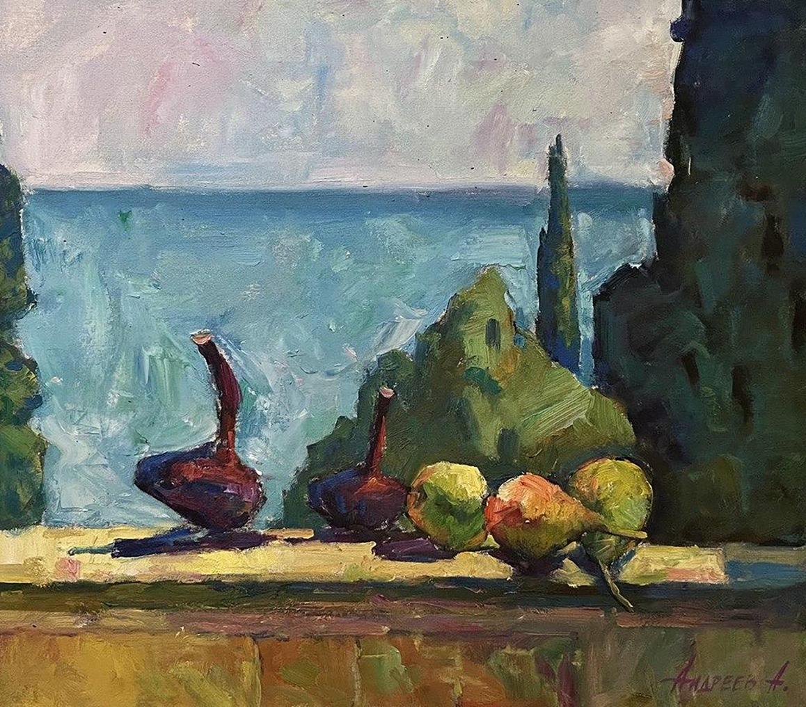 Oil painting by Oleksandr Andreev: dark purple jugs and green pears on windowsill