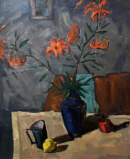 Oil painting Lilies by Oleksandr Andreev: deep blue vase with orange lilies