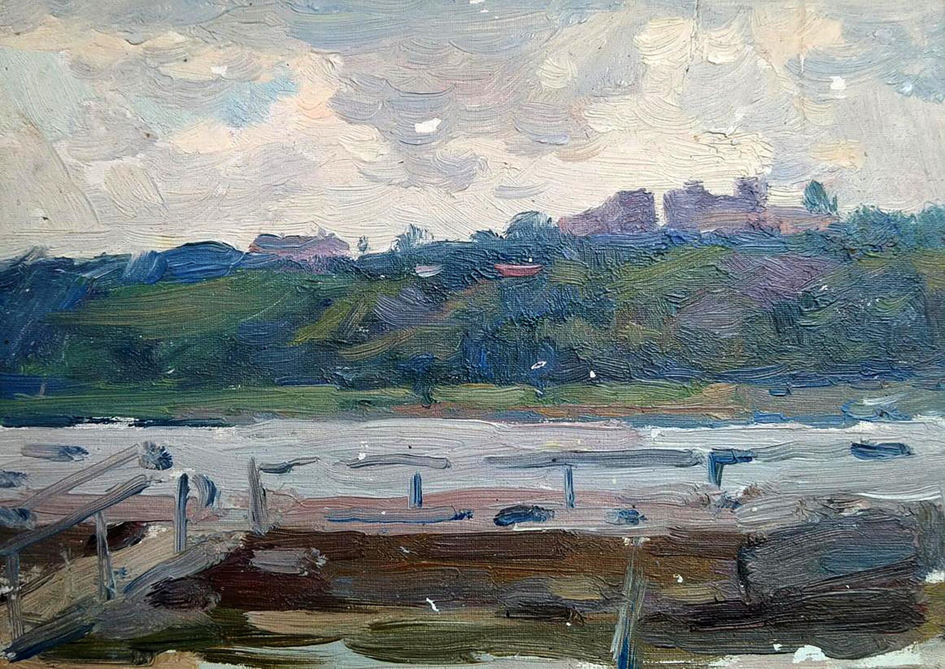 Impressionistic oil painting by Yury Konovalov of city pier riverbank