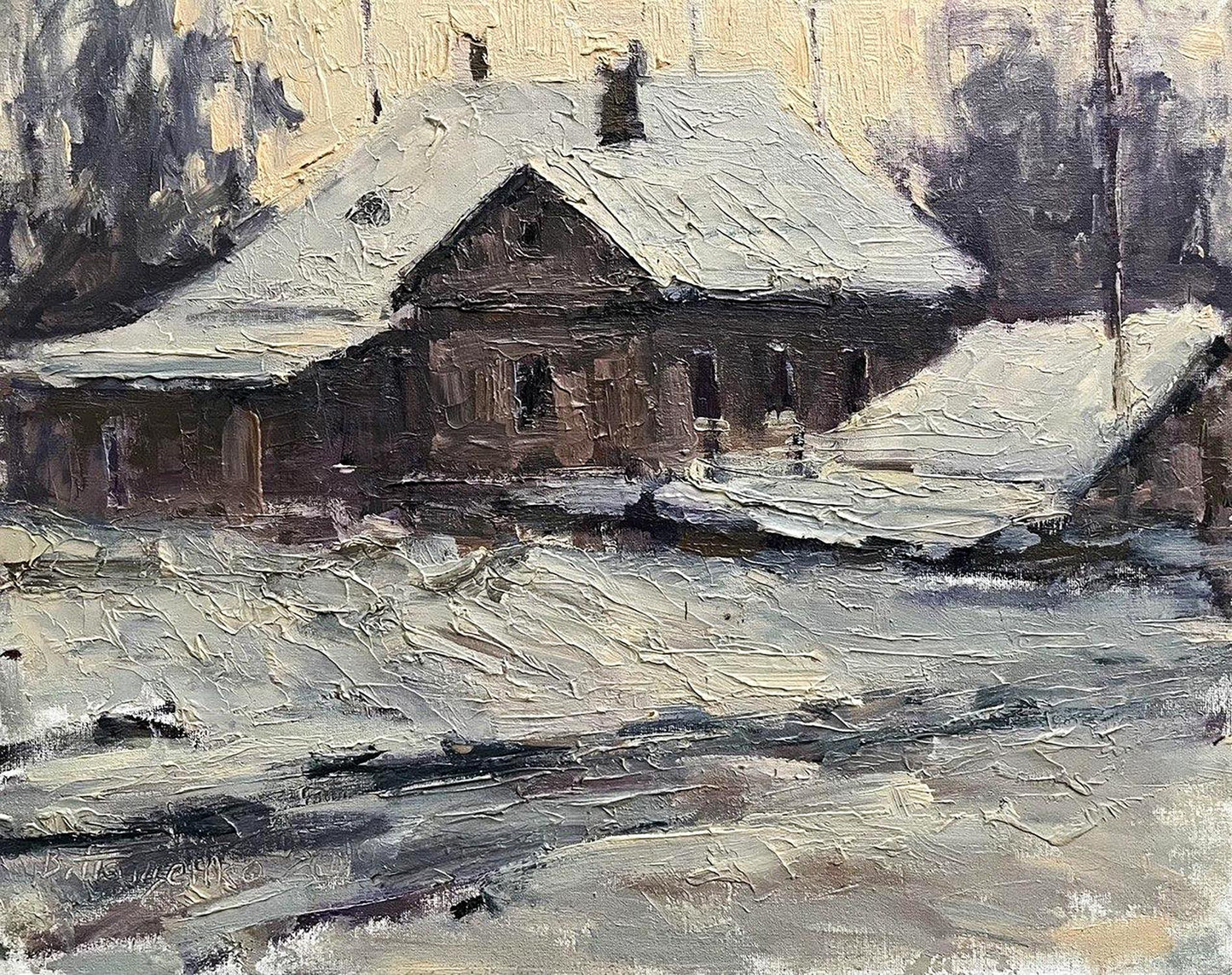 Oil painting White evening Volodymyr Pashchenko rustic snowy house impressionistic