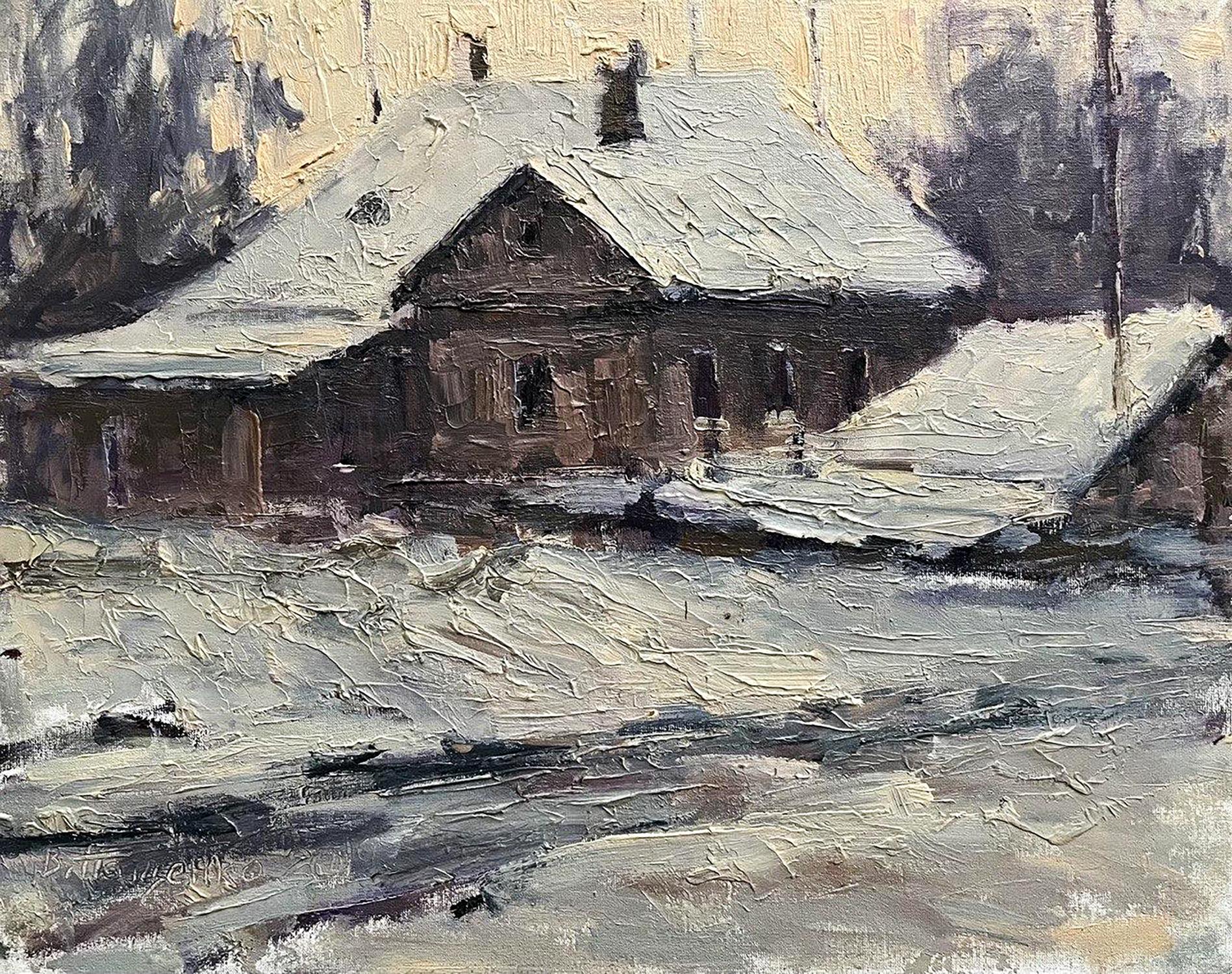 Oil painting White evening Volodymyr Pashchenko rustic snowy house impressionistic