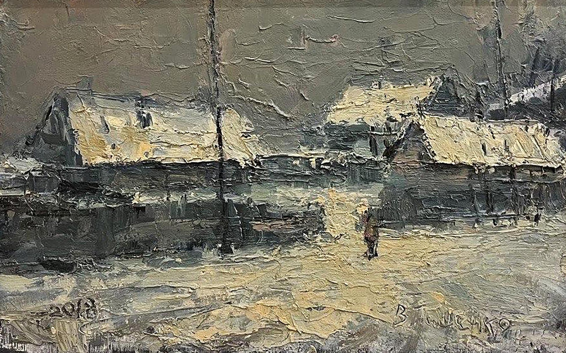 Textured impressionistic oil painting It Poured by Volodymyr Pashchenko snowy village