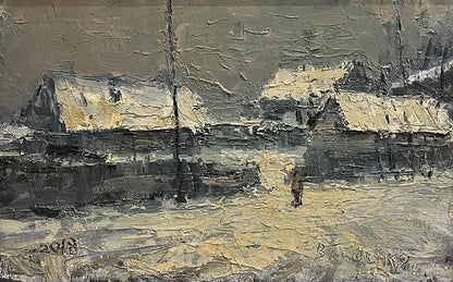 Textured impressionistic oil painting It Poured by Volodymyr Pashchenko snowy village