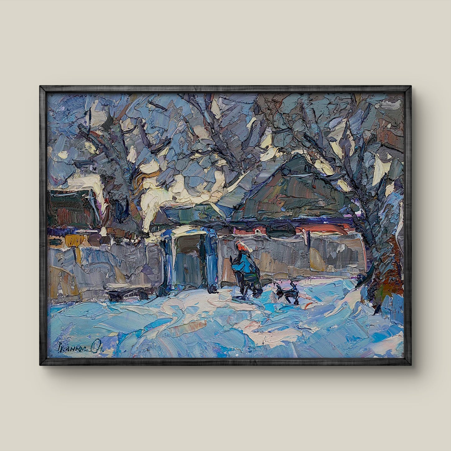 Oil painting Twilight Ivanyuk Alex: impressionistic winter scene in dark wood frame