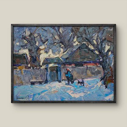 Oil painting Twilight Ivanyuk Alex: impressionistic winter scene in dark wood frame
