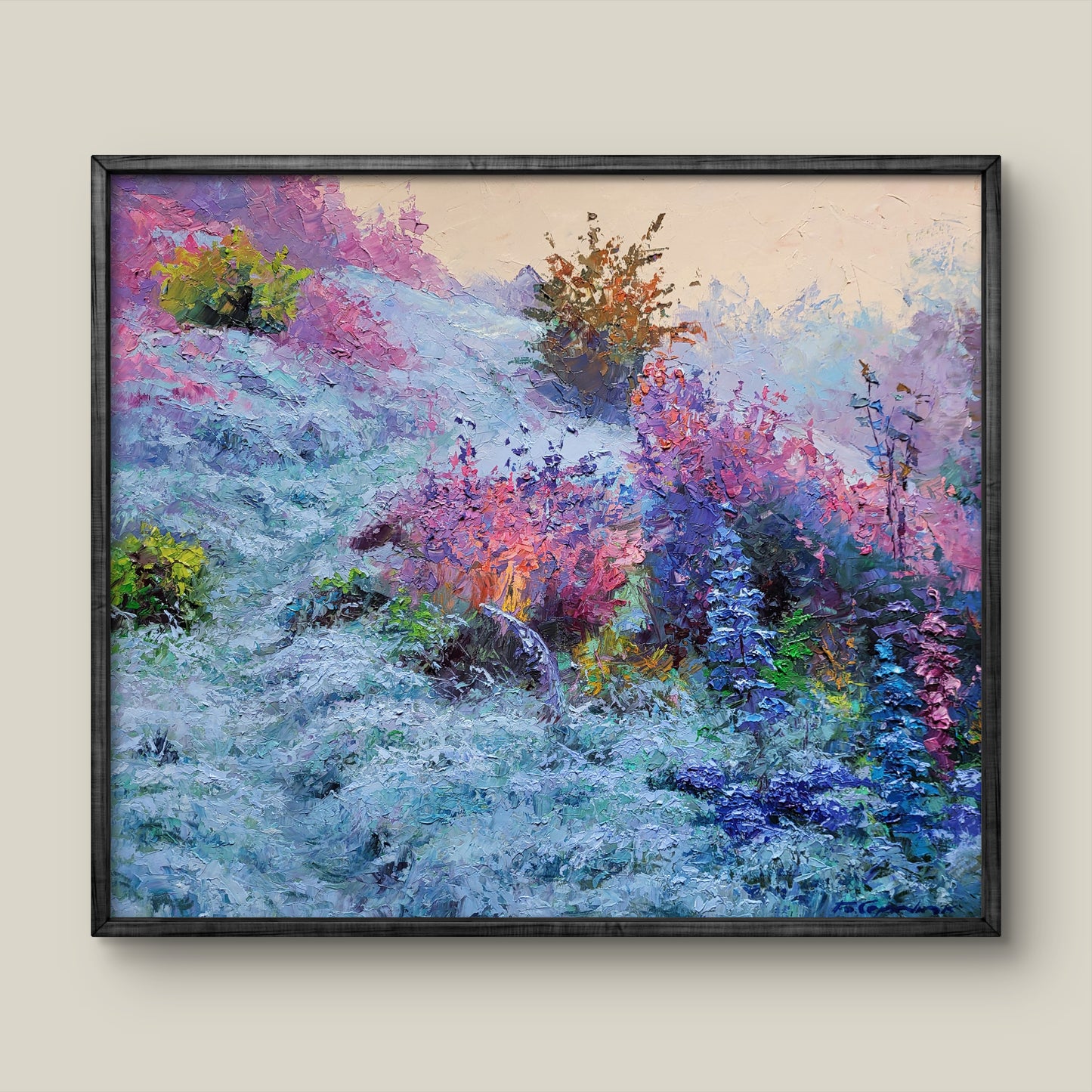 Framed impressionist oil painting Frost on the Grass by Boris Serdyuk