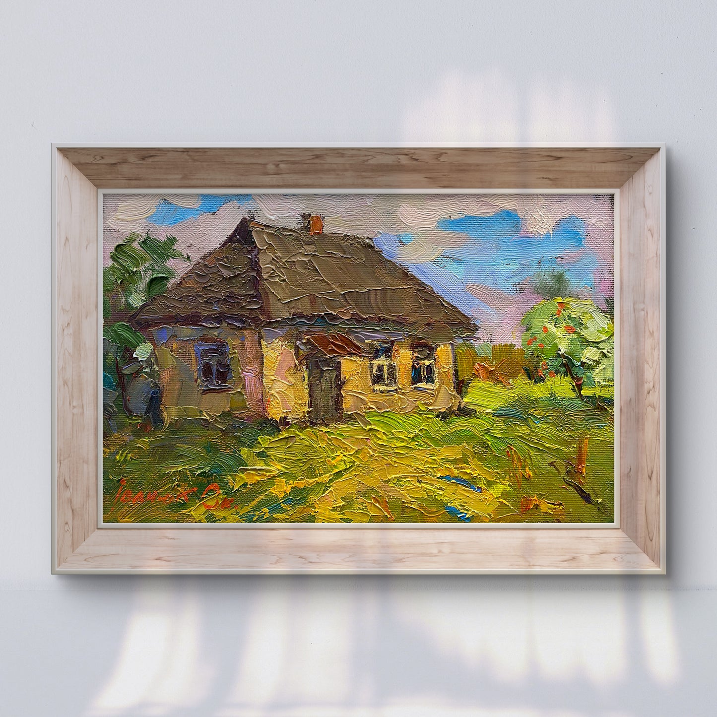Oil painting Lonely Hut by Oksana Ivanyuk: rustic yellow thatched house in impasto on canvas