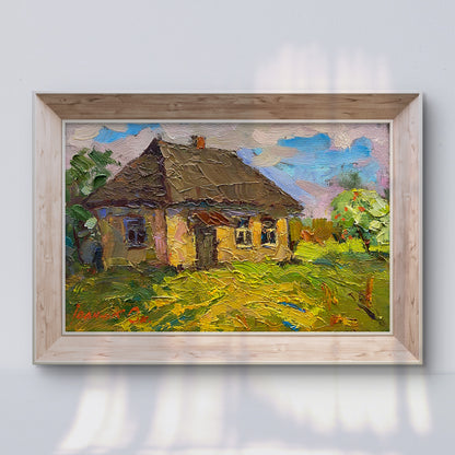 Oil painting Lonely Hut by Oksana Ivanyuk: rustic yellow thatched house in impasto on canvas