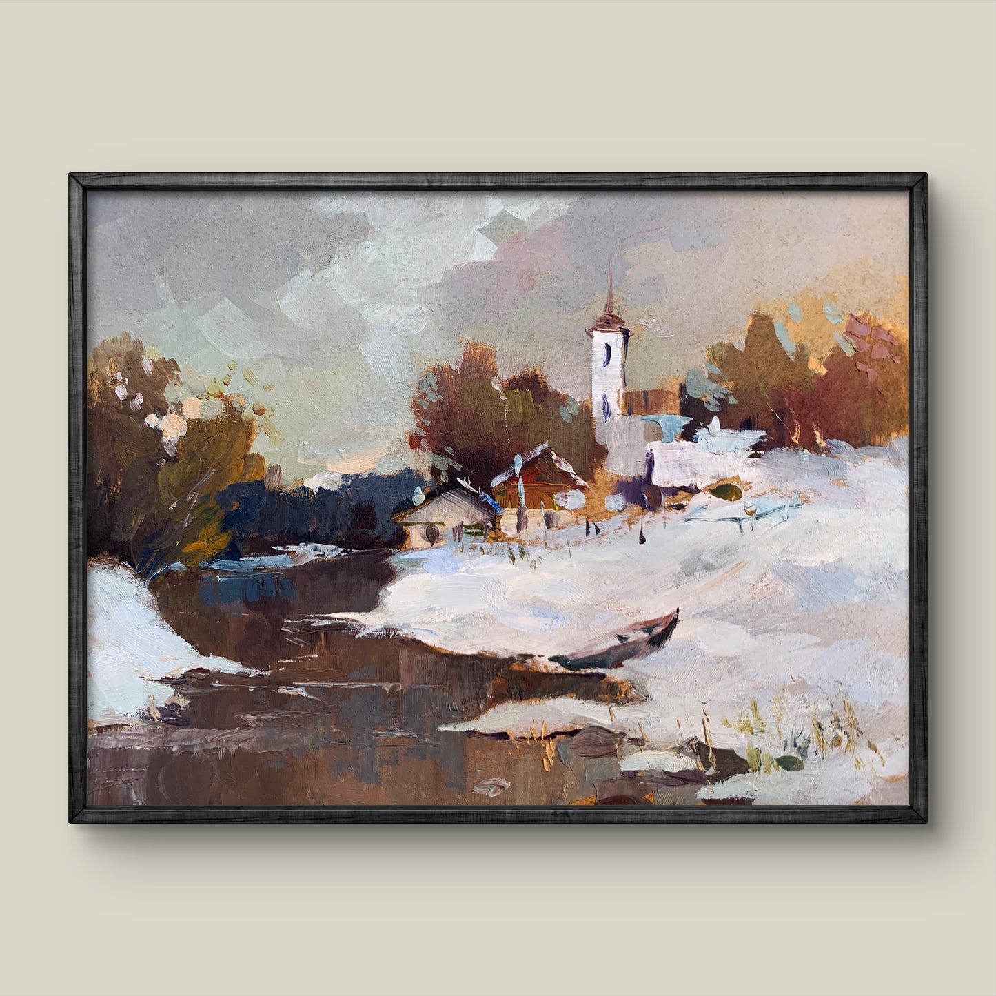Framed oil painting Winter evening by Yuriy Suprunchuk, snowy village