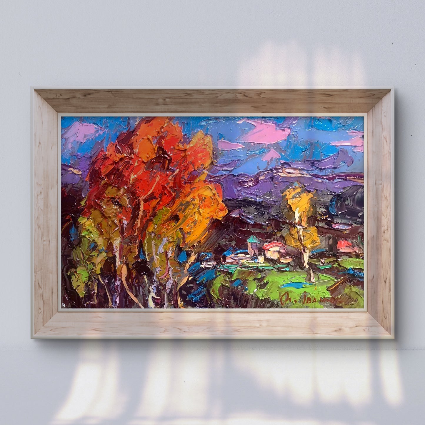 Oil painting Spring wind in the forest by Alex Ivanyuk in light wood frame
