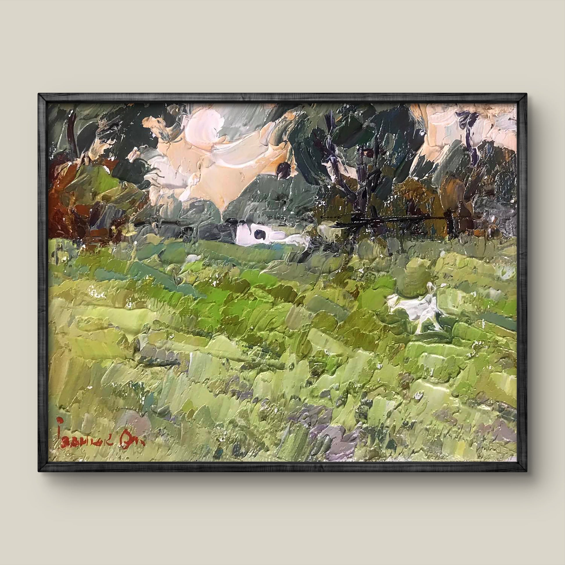 Oil painting On the Walk by Ivanyuk Alex with green fields, trees, white dog