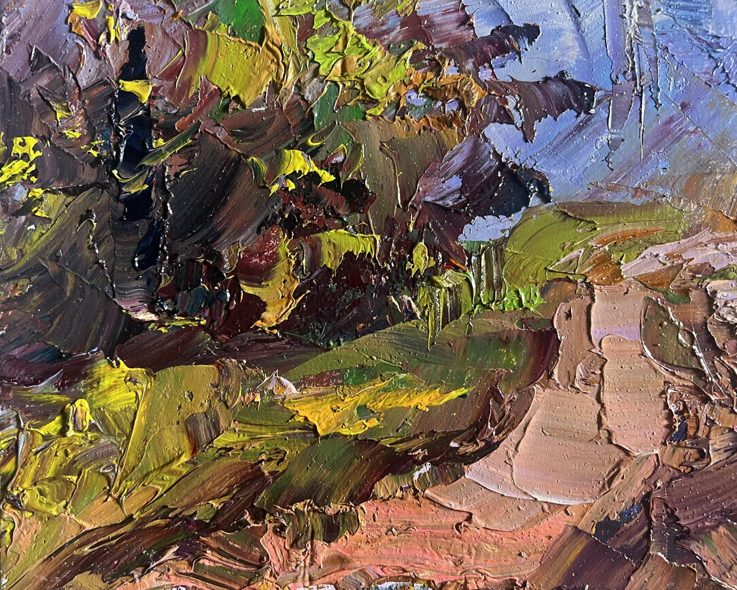 Oil painting Road to the autumn forest by Boris Serdyuk, impasto earthy tones