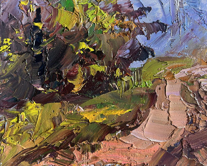 Oil painting Road to the autumn forest by Boris Serdyuk, impasto earthy tones