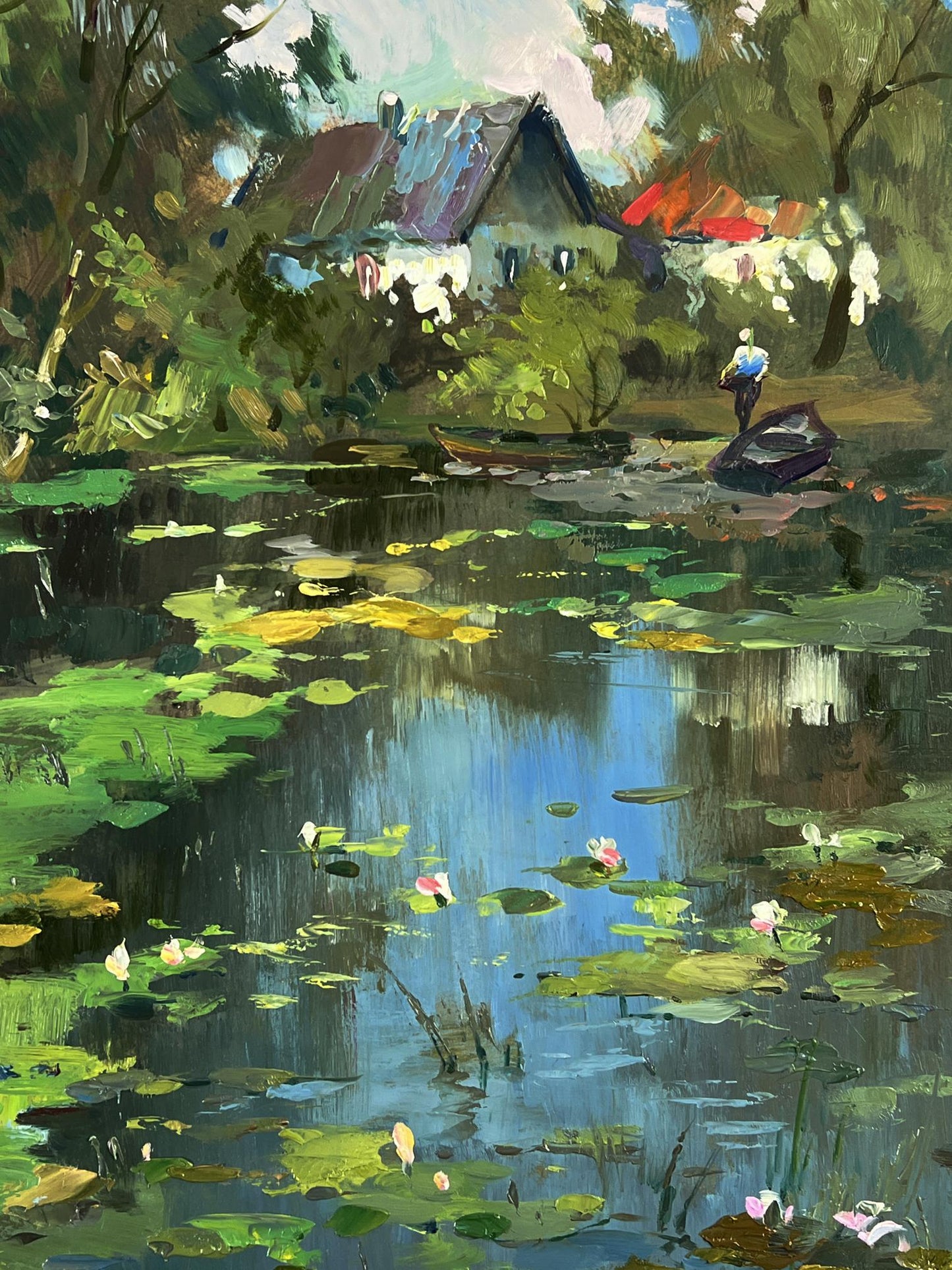 Serene impressionistic oil painting of village lake with lily pads by Yuriy Suprunchuk