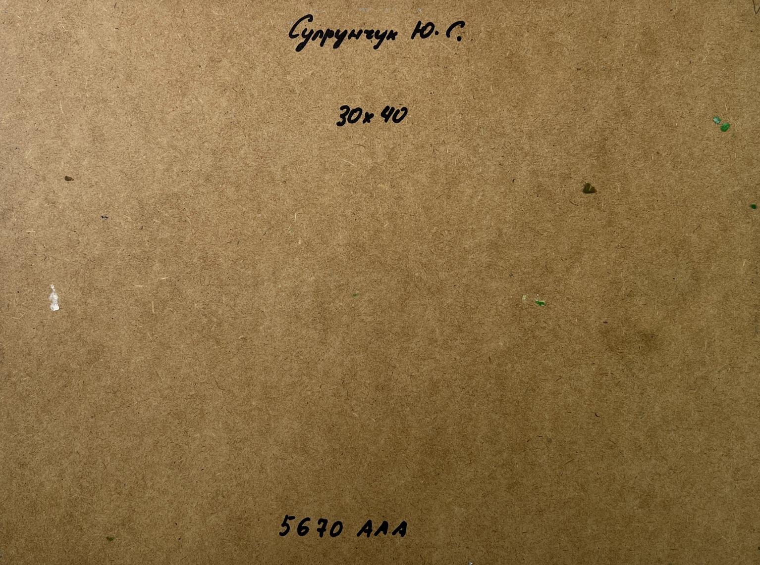 Back of Yuriy Suprunchuk oil painting Village stream with brown cardboard handwritten text and measurements