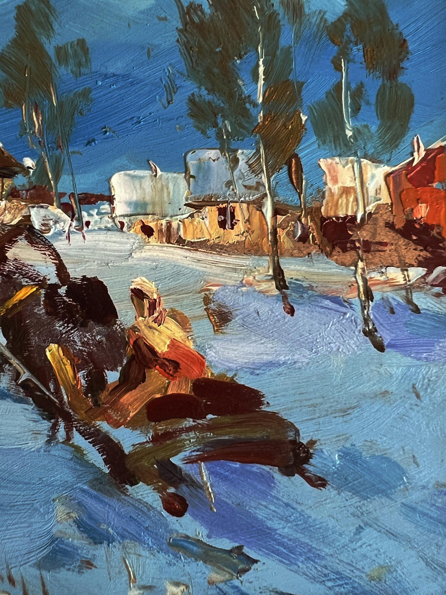 Vibrant impressionist oil painting of snowy winter village by Yuriy Suprunchuk
