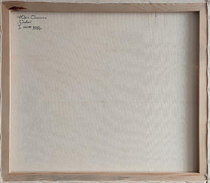 Back of Yuriy Suprunchuk oil painting Reflection on water, beige canvas with wooden frame and artist signature
