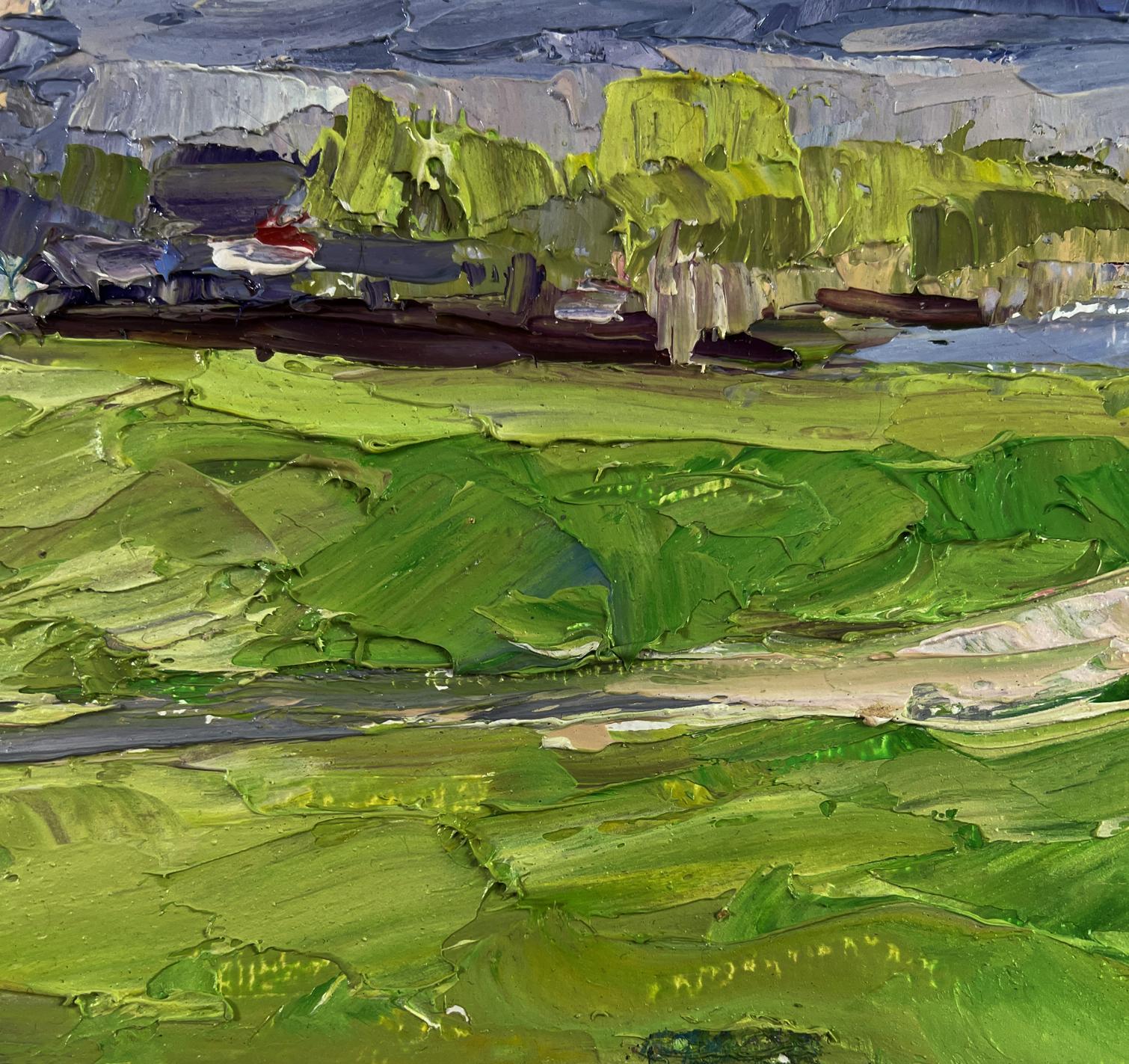 Oil painting The first rays of warm by Boris Serdyuk, textured green landscape