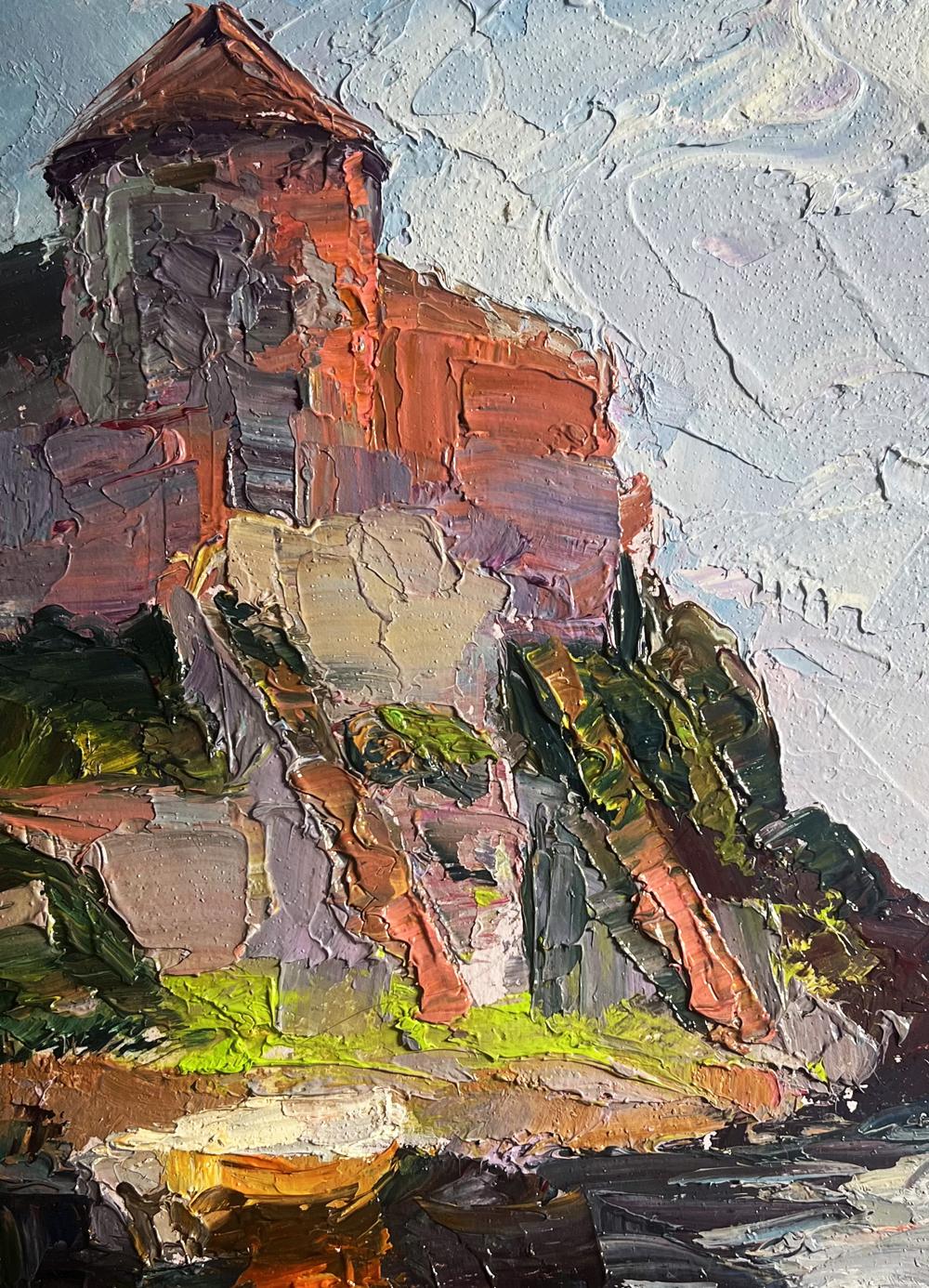 Oil painting Fortress by the Sea by Boris Serdyuk, stone tower on cliffs