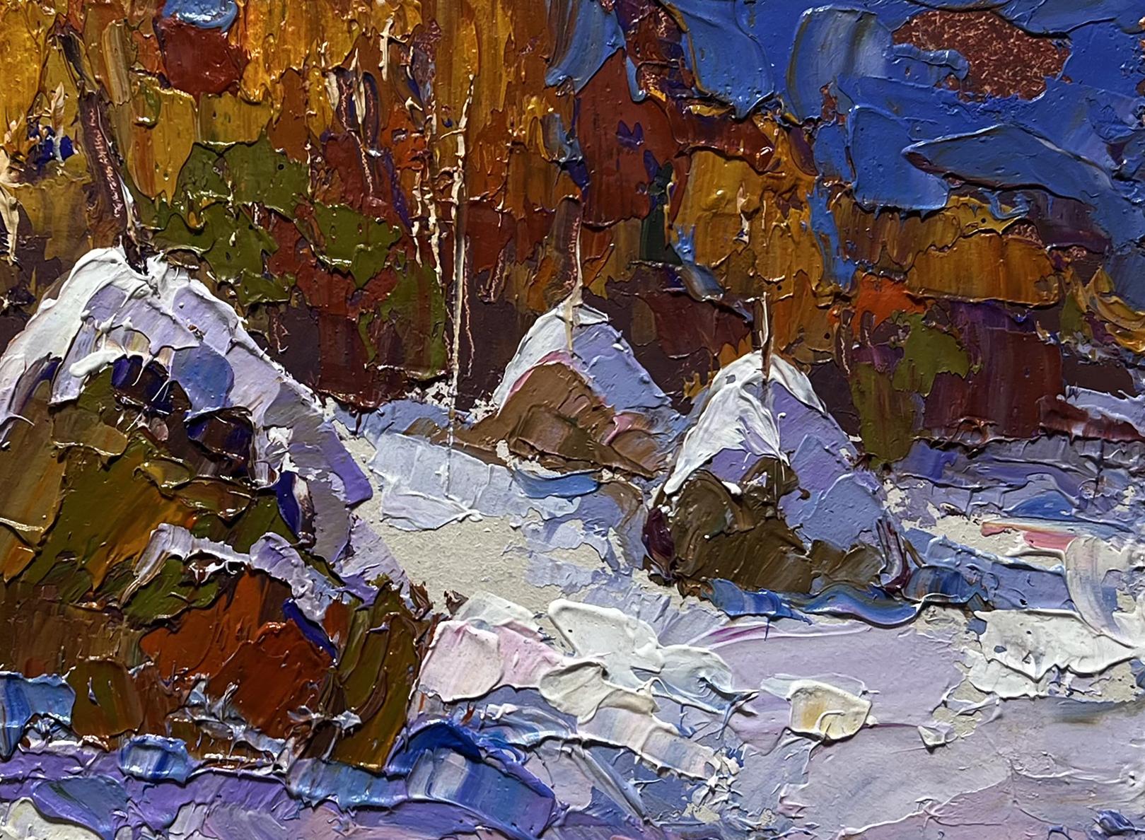 Oil painting Winter night in nature by Oksana Ivanyuk, textured snowy mountains