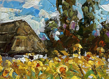 Vibrant impressionist oil painting of house and sunflowers by Oleksiy Ivanyuk