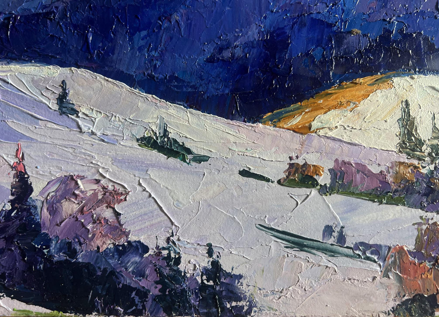 Textured impressionist oil painting of snowy mountains by Boris Serdyuk