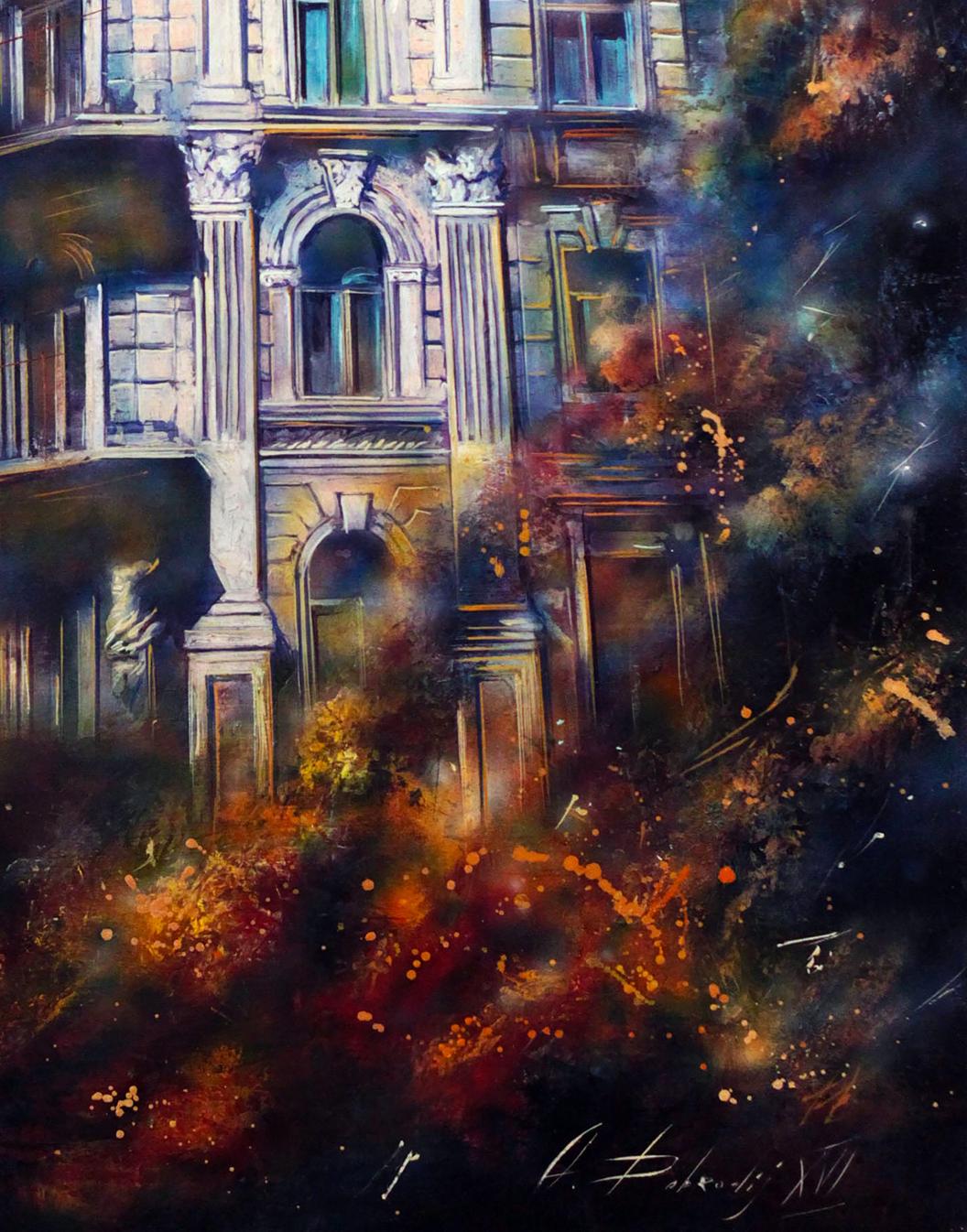 Oil painting Evening city by Alexander Dobrodiy: vibrant ornate European facade