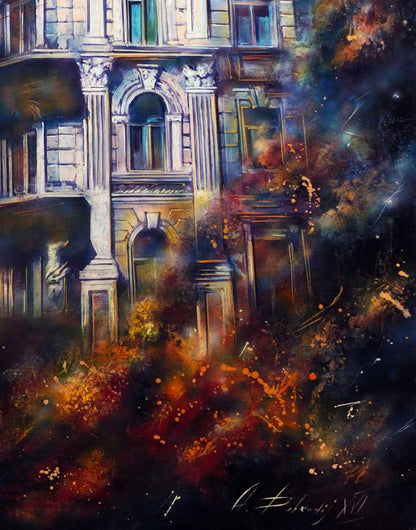 Oil painting Evening city by Alexander Dobrodiy: vibrant ornate European facade