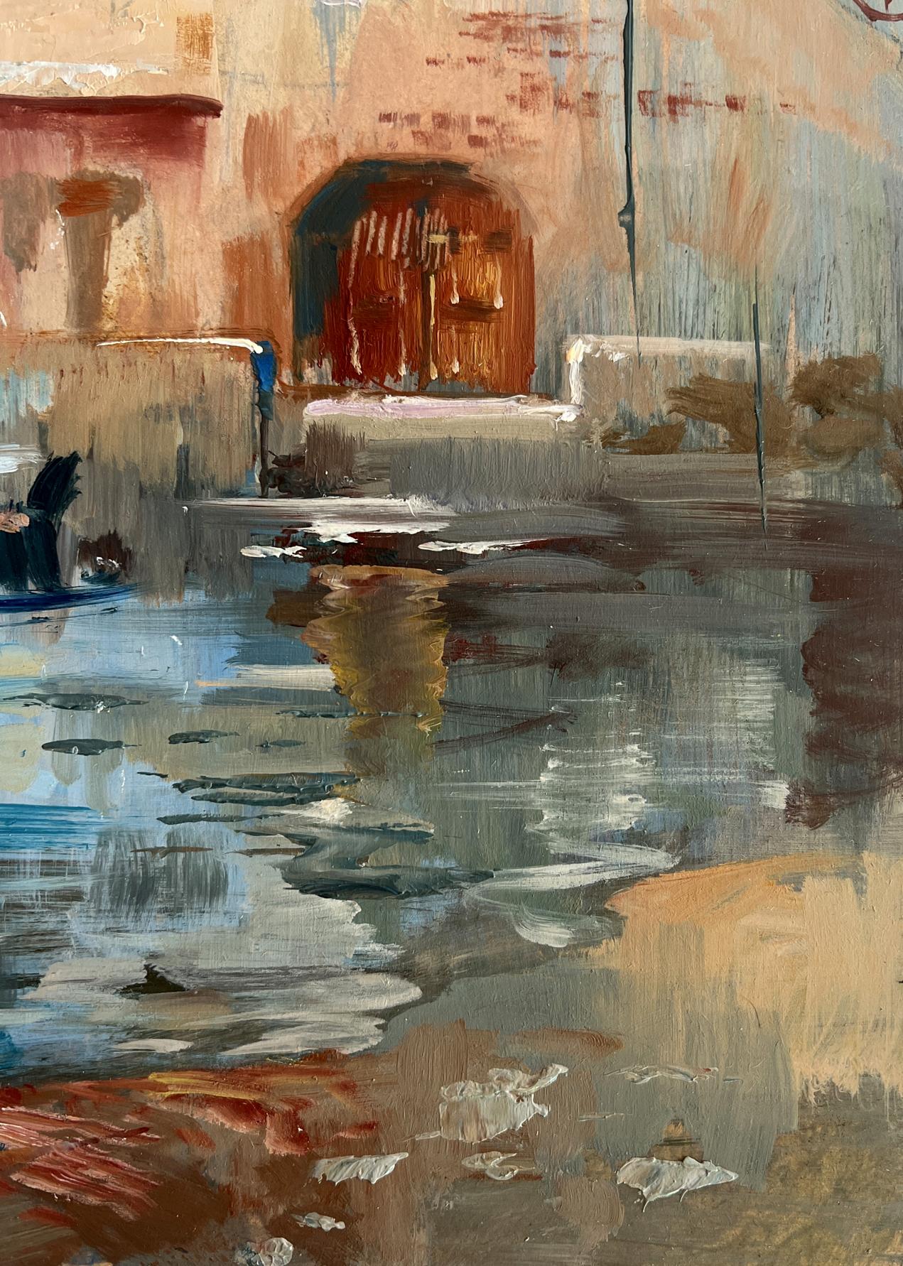 Warm-toned oil painting Waiting for the Tide by Yuriy Suprunchuk, arched doorway in wet cobblestones