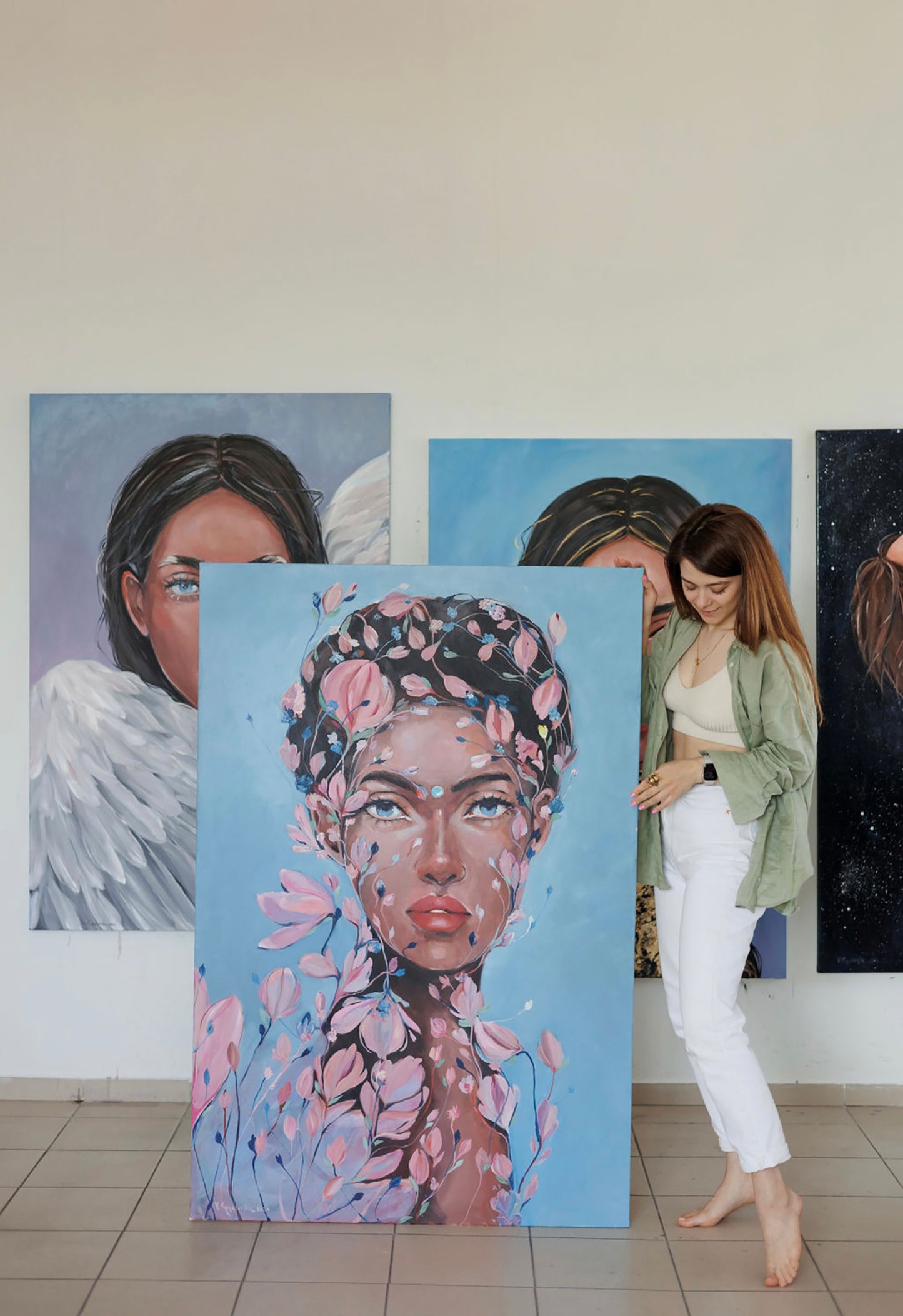 Oil painting Transformation Victoria Kagalovska: woman with pink blossoms on blue background