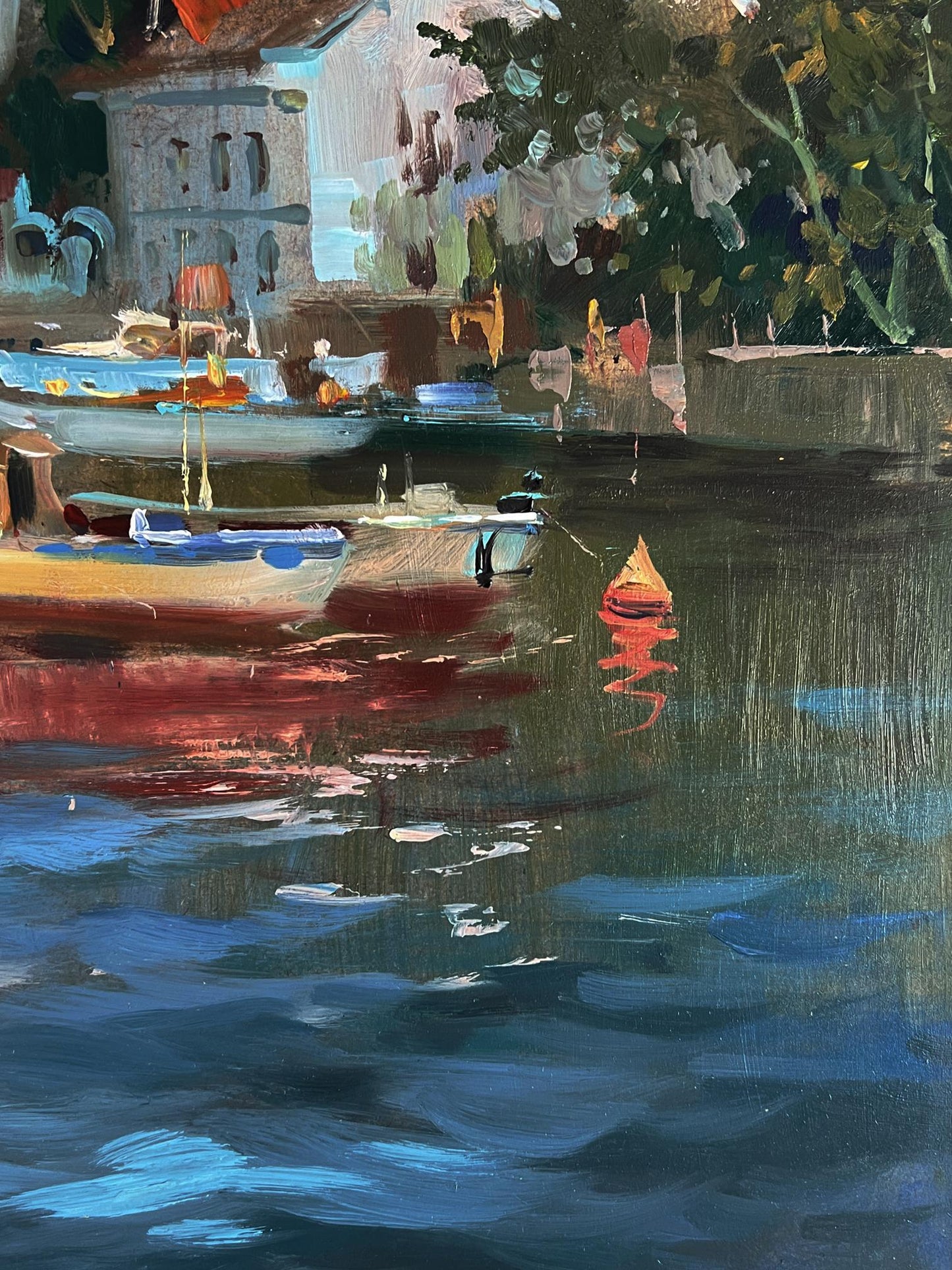 Vibrant impressionist oil painting of river ships near shore by Yuriy Suprunchuk