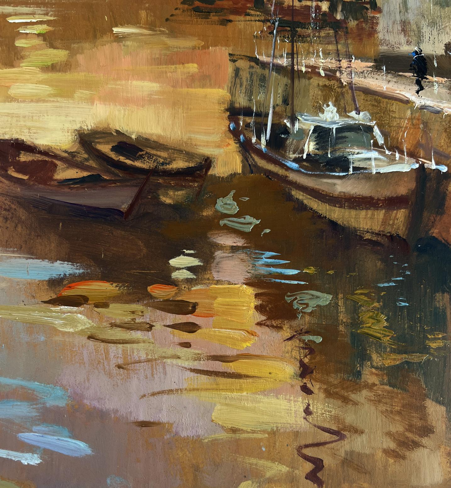Oil painting of Venice romantic sunset harbor boats by Yuriy Suprunchuk